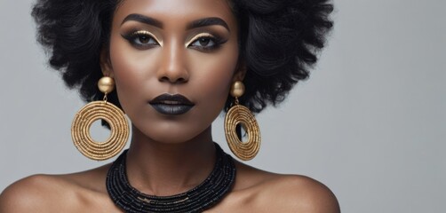 a close up of a woman wearing a black and gold outfit with large gold hoop earrings and a black choker.