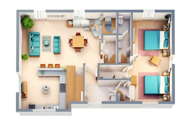 Detailed illustration of a furnished lived in single family home floor plan from above isolated on a white background, Decorated single family . Ai generated