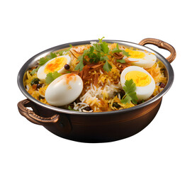 Anda biryani or egg biryani served in handi or plate on transparent background.