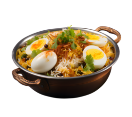 Anda biryani or egg biryani served in handi or plate on transparent background.