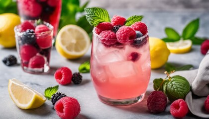 A glass of raspberry lemonade with a sprig of mint