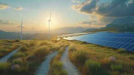 Obraz premium Next-generation renewable energy solutions such as solar panels and wind turbines harnessing clean energy sources for a sustainable future