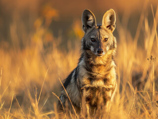 Fototapeta premium An aardwolf standing in the golden light of sunset amidst the savannah grasses.