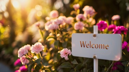 Wedding white Board Mockup easel with welcome sign decorated with flowers, outdoors. Greeting card...