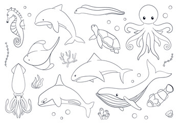 Undersea animals set in line art, flat style. Octopus, coral clown fish, dolphin, killer, whale, muraena, moray, seahorse, squid, stingray, turtle. Vector illustration isolated on a white background.