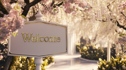 Wedding white Board Mockup easel with welcome sign decorated with flowers, outdoors. Greeting card template - obrazy, fototapety, plakaty