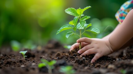 A child planting a seedling in a garden, learning patience and care as they nurture life.