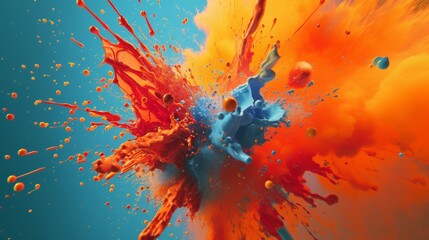 Colorful paint splash. Vibrant color combination. Abstract artwork expression on blue background. Liquid explosion in visual dynamism style