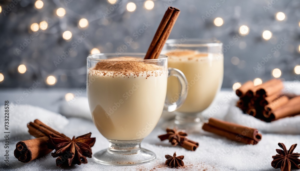 Poster Two cups of cinnamon flavored coffee with cinnamon sticks on a table