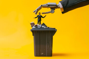 Robot hand throwing a businessman into a garbage can, over yellow background. - obrazy, fototapety, plakaty
