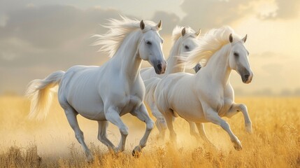 Obraz na płótnie Canvas Golden Elegance: White Horses at Sunset