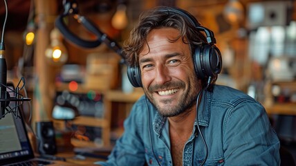 Speaking into a microphone in a studio with a laptop and ambient lighting is a happy male podcaster wearing headphones.