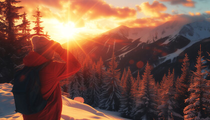 The lonely tourist in a bright orange jacket is observing a stunning sunset landscape in the wild pinewood forest. High snowy mountains are visible in the background.
