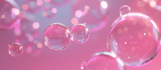 Abstract illustration transparent hologram soap bubbles floating on pink background. Generated AI