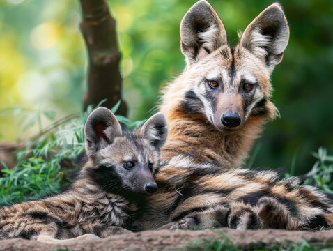 A protective aardwolf mother resting with her pup in a burrow, surrounded by greenery.