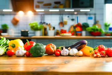 Various fresh vegetables in a row on wooden table in the kitchen. Healthy food concept.
