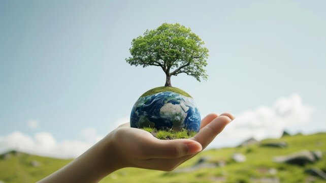 Earth crystal glass globe ball and growing tree in human hand, flying yellow butterfly on green sunny background. Saving environment, save clean planet, ecology concept. Card for World Earth Day.
