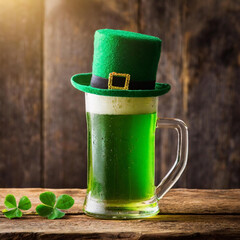 Green glass of St. Patrick's Day beer with hat and four leaf clovers.
