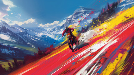 Dynamic mountain biking illustration with vibrant splash effects and energetic composition - obrazy, fototapety, plakaty