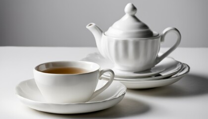 A white tea set on a white table