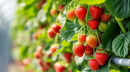 Hydroponic Strawberry Harvest. Ripe strawberries growing in a hydroponic farm.