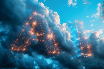 Fototapeta premium AI Cloud Formation in Blue Sky. White clouds form ‘AI’ letters against a blue sky. night sky illuminated by numerous clouds. 