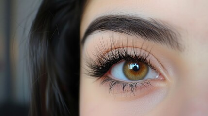 Fototapeta premium Female Eye with Extreme Long False Eyelashes. Eyelash Extensions. Makeup, Cosmetics, Beauty. Close up, Macro