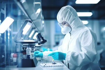 A researcher in a protective mask working in a laboratory,A scientist in a chemical laboratory examines a toxic liquid. Ai generated