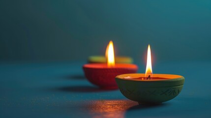 Obraz na płótnie Canvas Happy Diwali - Clay Diya lamps lit during Diwali, Hindu festival of lights celebration. Colorful traditional oil lamp diya on blue background