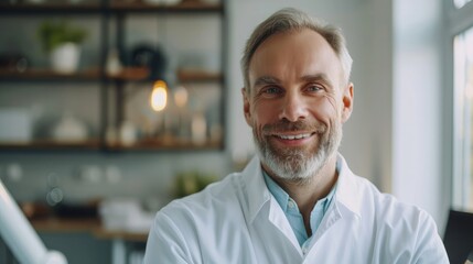 Fototapeta premium healthcare, profession, stomatology and medicine concept - smiling male middle aged dentist over medical office background