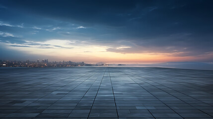 Fototapeta na wymiar Empty concrete floor, 3D rendering sea view square with clear sky background