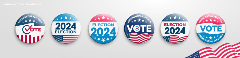 Big Set of Vote 2024 vector badge buttons. United states of America presidential election day pin. Collection of American style, color, design. Badge isolated on white background. Vector illustration.
