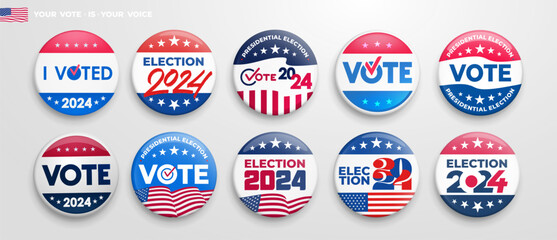 Set of Vote 2024 badge buttons. Collection of vector United states of America presidential election day pin. 2024 Presidential election, red, blue and white vote vector buttons. Vector illustration - obrazy, fototapety, plakaty