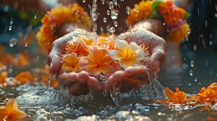 Family members are dousing revered grandparents or the elderly Young hands cover the elder hands holding the jasmine garland during the Songkran holiday with flowers and water.