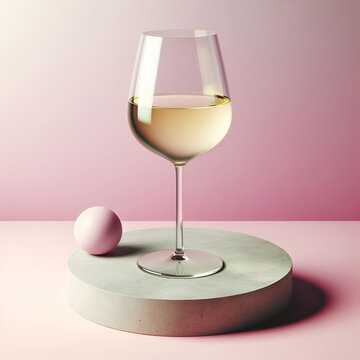 A closeup of a glass of white wine on a concrete simple podest with a pink Easter egg against the pastel pink background. Minimalist concept. Copy space.