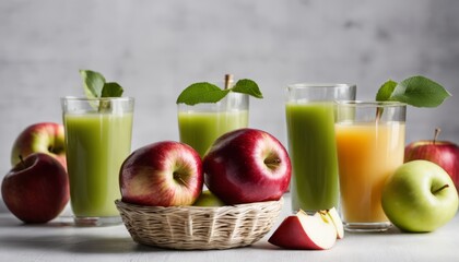 A basket of apples and glasses of juice