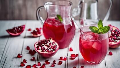 A glass of pomegranate juice with a sprig of mint - obrazy, fototapety, plakaty