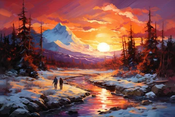 Papier Peint photo Orange a painting with people in a snowy landscape and the sun setting behind them