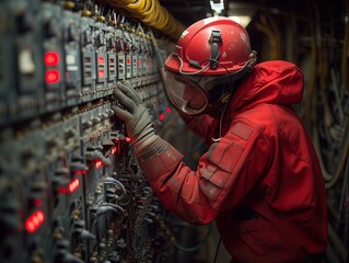 Fototapeta premium An electrician is repairing electricity with many wires.