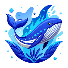 Blue whale swimming in blue water. Vector illustration in cartoon style.