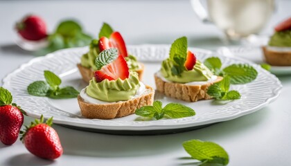 A white plate with strawberries and mint leaves