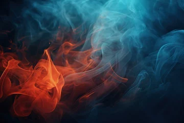 Fotobehang A thick neon color swirling smoke pattern in front of a black background/drifting smoke overlay or texture. © Designpoint_3