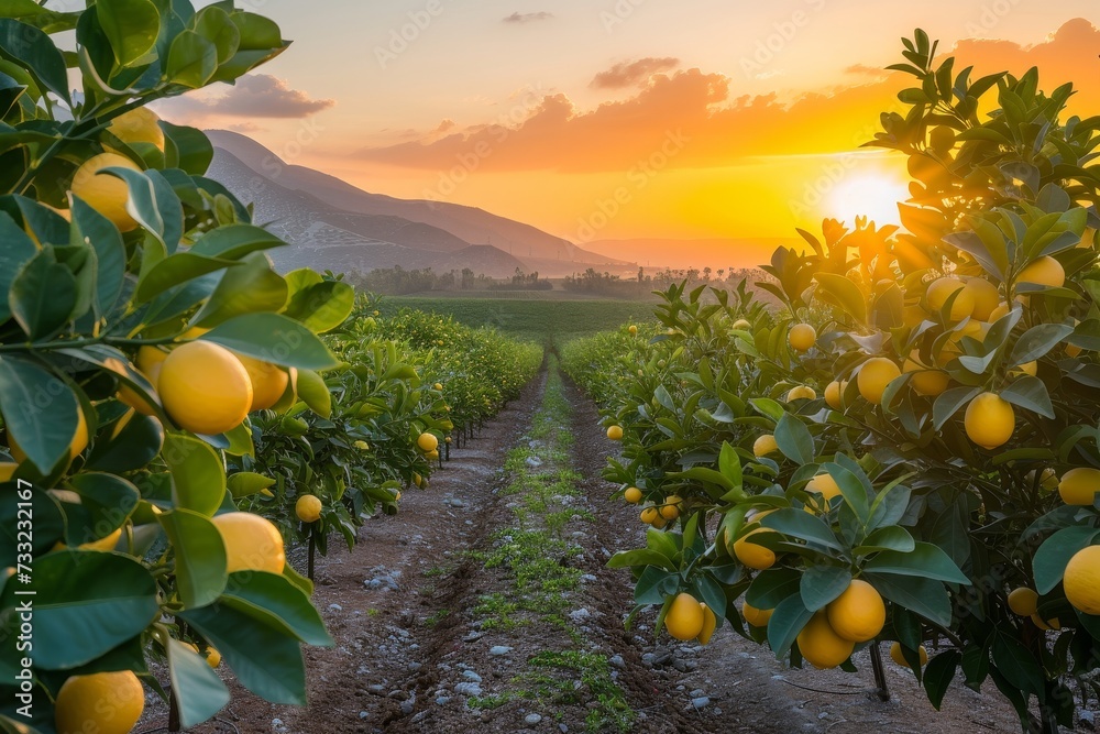 Poster A scenic view of a field filled with lemon trees as the sun sets in the background.