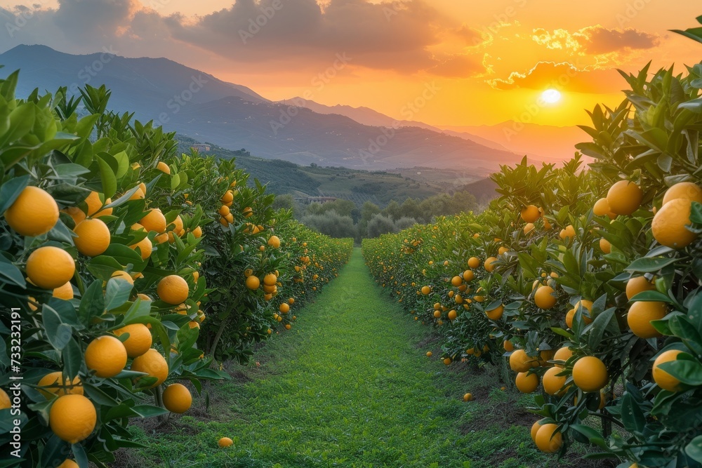 Poster A vibrant field of oranges illuminated by the setting sun in the background.
