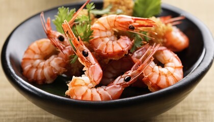 A bowl of shrimp with green herbs on top