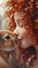 red-haired girl kisses a rabbit, vertical format