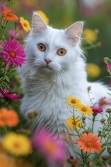 White Cat Sitting in Field of Flowers