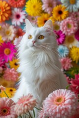 White long-haired cat sits near flowers wallpaper
