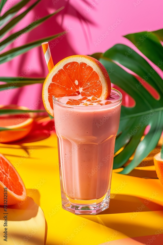Poster refreshing pink drink with a slice of orange on the side