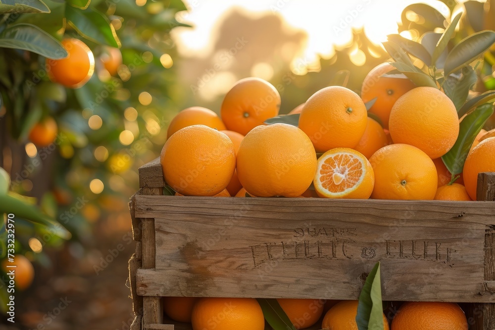 Poster a crate filled with oranges sits on a tree, showcasing the abundance of the harvest.